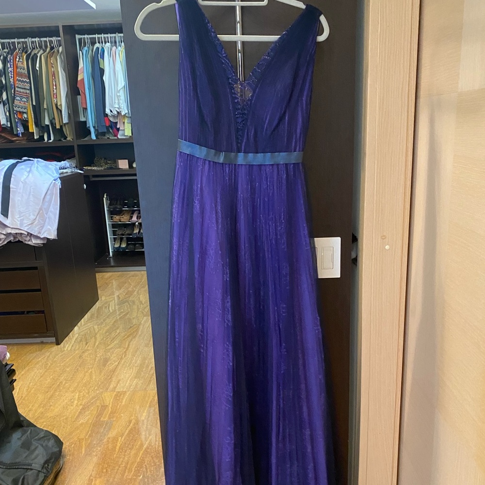 Monique Lhuillier purple lace pleated gown